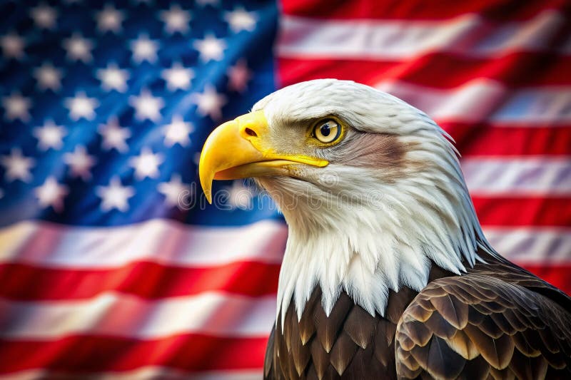 Majestätischer amerikanischer Weißkopfseeadler als detaillierte digitale Kunst auf einem Flaggenhintergrund, der die Schönheit der lizenzfreie abbildung