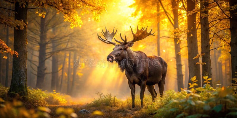 Majestätischer Elch in einem scheußlichen Herbstwald : eine ruhige Naturlandschaft, die in atemberaubenden Details eingefangen wur lizenzfreie abbildung