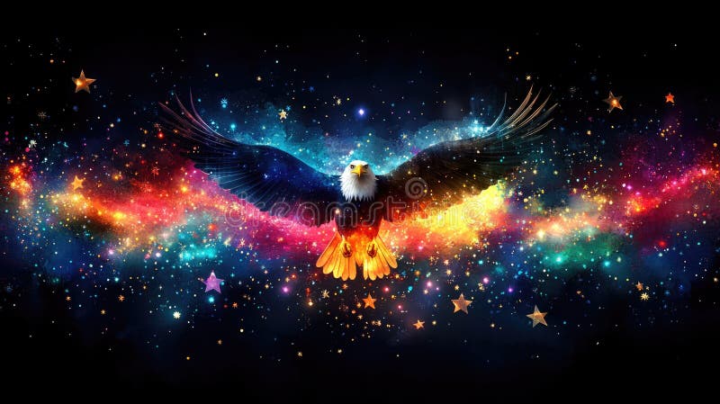 Majestätischer Glatzenadler, der durch eine pulsierende kosmische Galaxie steil in die Höhe schnellt und glücklich 4. july Unabhän lizenzfreies stockbild