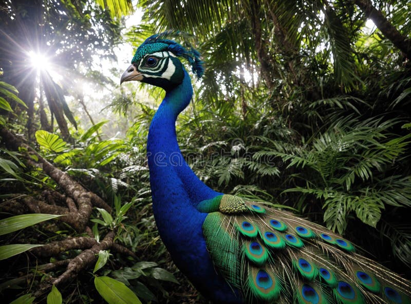 Majestätischer Pfau mit lebhaften Federn in üppigem tropischem Regenwald bei früherem Morgenlicht stockfotos