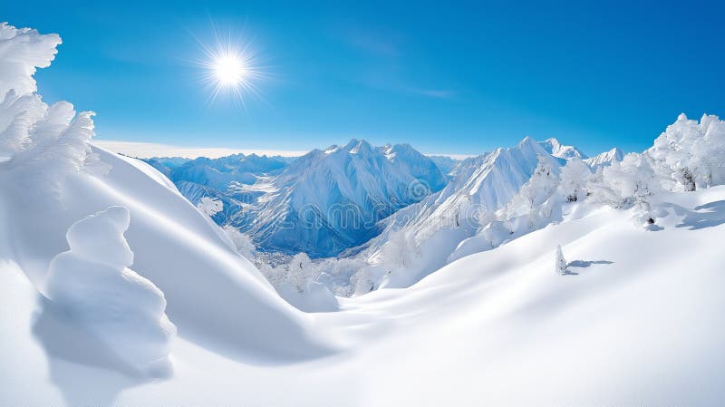 Majestätiskt panorama av snötäckta berg under en strålande vintersol vektor illustrationer