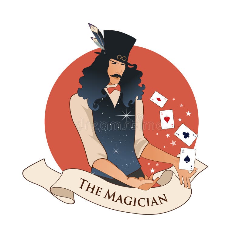 Major Arcana Emblem Tarot Card Trollkarlen med mustaschen och den bästa hatten som rymmer en trollspö som gör magi med spela kort stock illustrationer Major Arcana Emblem Tarot Card Trollkarlen med mustaschen och den bästa hatten som rymmer en trollspö som gör magi med spela kort stock illustrationer