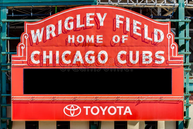 Chicago Cubs` Wrigley Field Stadium Sign. Major League Baseball`s Chicago Cubs` Wrigley Field stadium blank marquee sign stock images Chicago Cubs` Wrigley Field Stadium Sign. Major League Baseball`s Chicago Cubs` Wrigley Field stadium blank marquee sign stock images