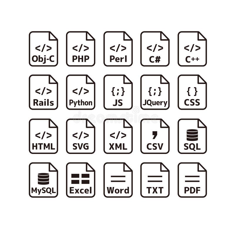 Major programming languages and file formats vector icon illustration set stock illustration
