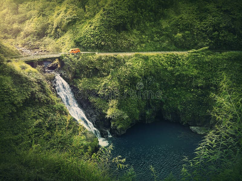 Makapipi Falls of Maui, the Road to Hana in Hawaii. Beautiful waterfall underneath the highway bridge. Wonderful cascade in the in