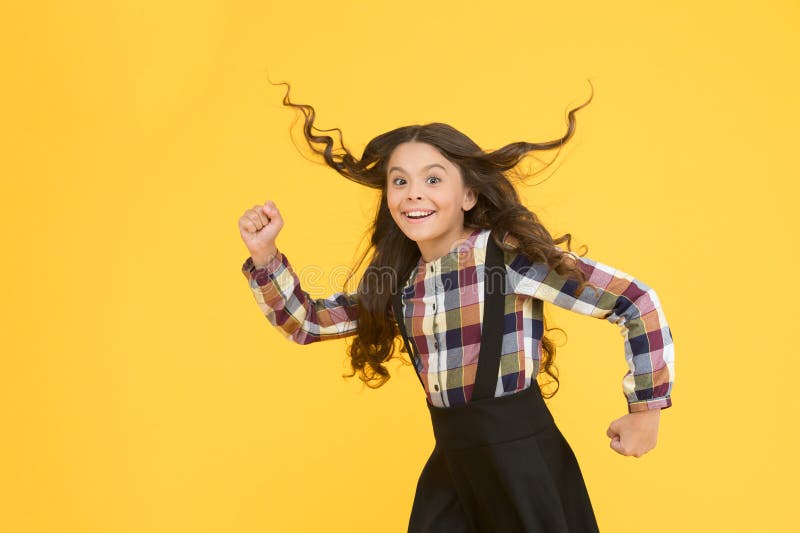 Make Haste Slowly. Energetic Girl Hurry To School. Small Child Wear Long  Hairstyle Yellow Background Stock Image - Image of charm, gorgeous:  184275575