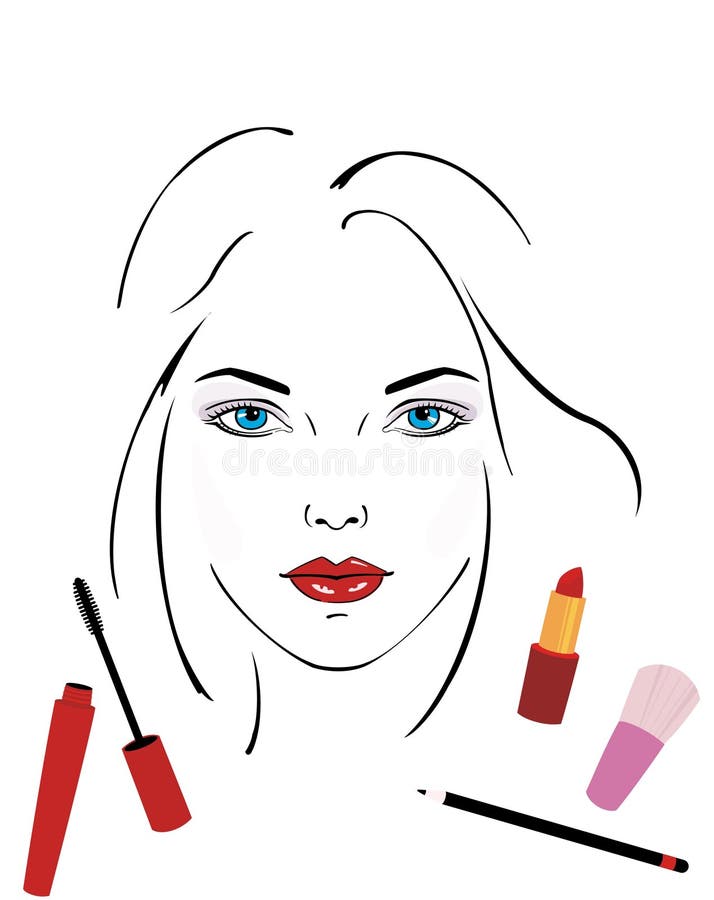 Handdrawn Woman Face and Make Up Products Stock Illustration