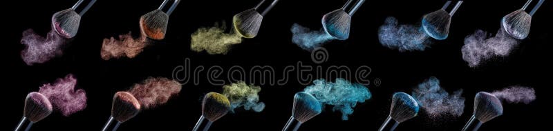 Make up brush with powder splashes on black background stock image Make up brush with powder splashes on black background stock image