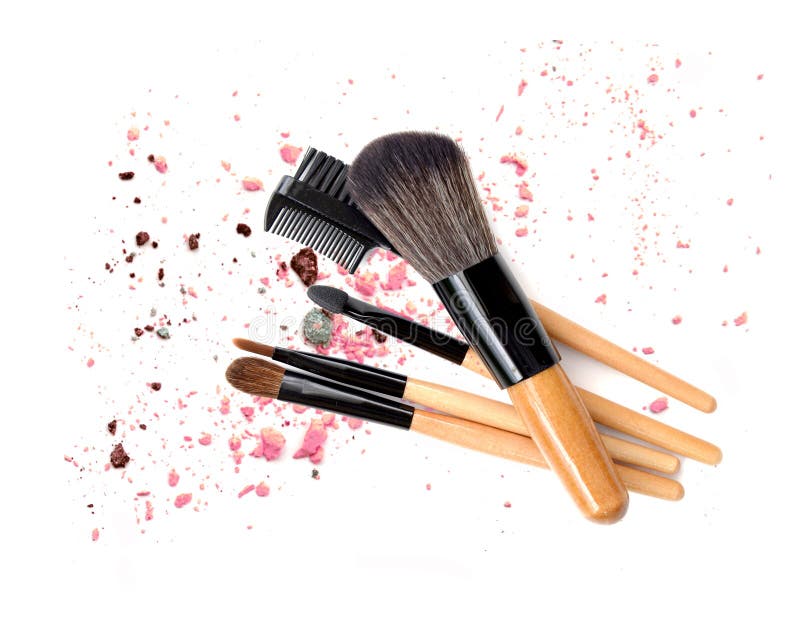 Make up brush wooden on colored dust on white background. royalty free stock image Make up brush wooden on colored dust on white background. royalty free stock image