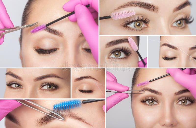 Make-upkünstler zupft Augenbrauen mit Pinzette zu einer Frau, bevor er mit Hennastrauch Flecken Make-upkonzept, modellierende Aug