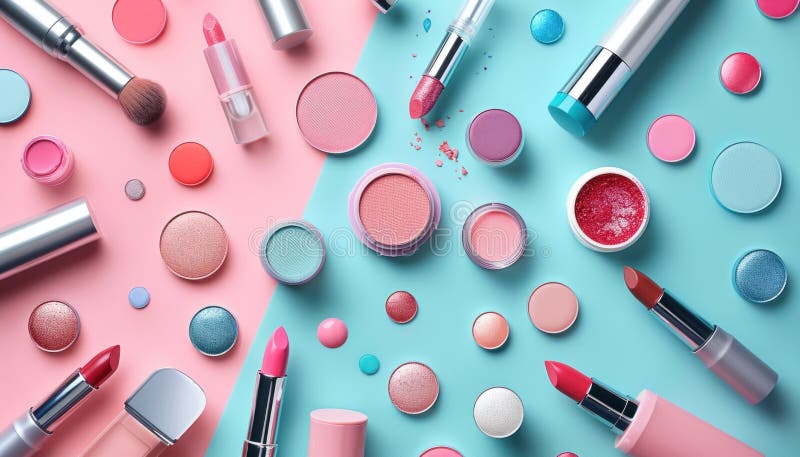 Colorful pattern of lipsticks, eye shadows and blush on blue and pink background, top view royalty free stock images