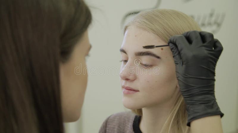 Makeup artysta robi brwi brudzeniu z naturalnymi barwidłami, tonowanie z henną, kosmetyczne procedury w piękno salonie