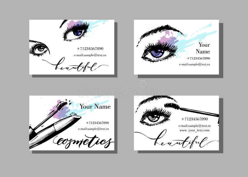 Makeup artysty wizytówka Wektorowy szablon z makeup rzeczy wzorem z pięknymi kobiet oczami, tusz do rzęs - i Moda royalty ilustracja