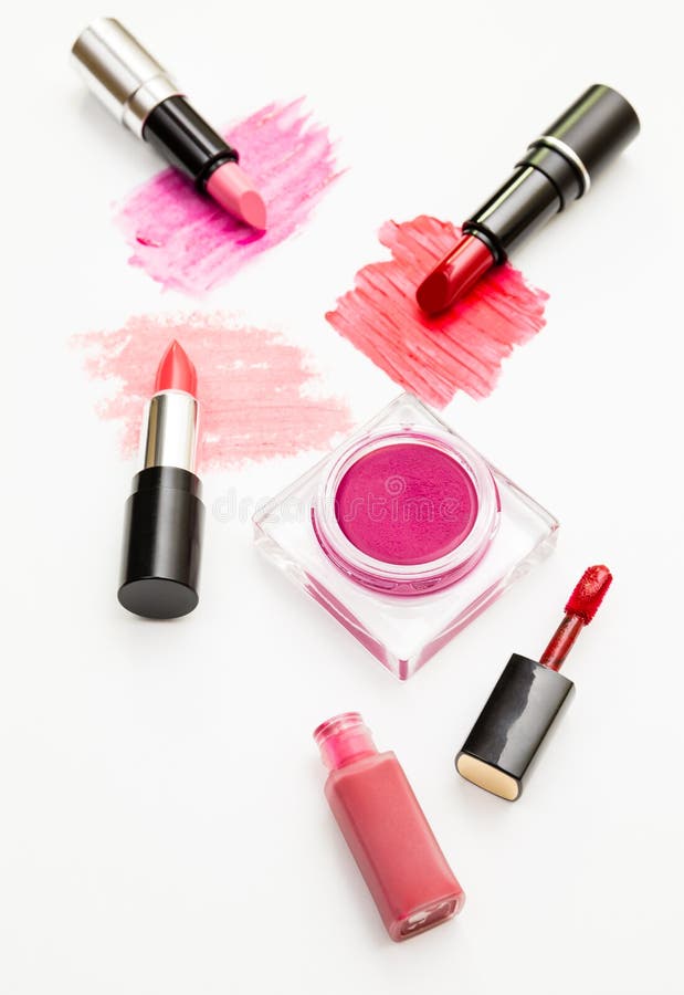 Makeup Blush and Lipsticks on White Background Stock Photo Image of smear, cosmetic 105710042