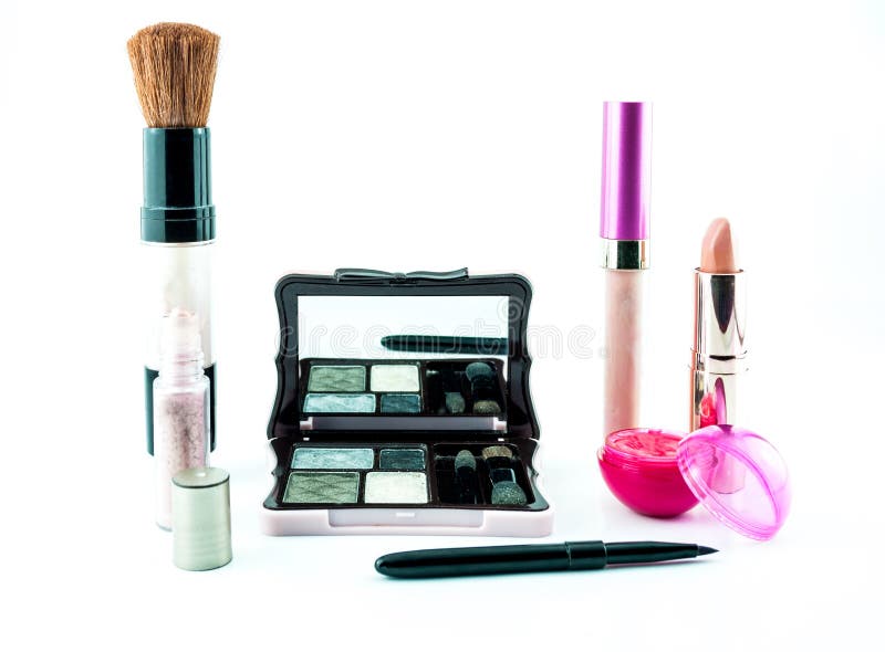 Makeup Brush and Cosmetics Set on a White Background Stock Image
