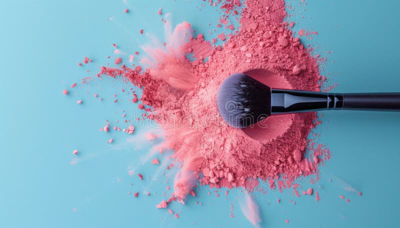 A makeup brush is placed on a blue surface, sitting above a mound of pink powder royalty free stock photography