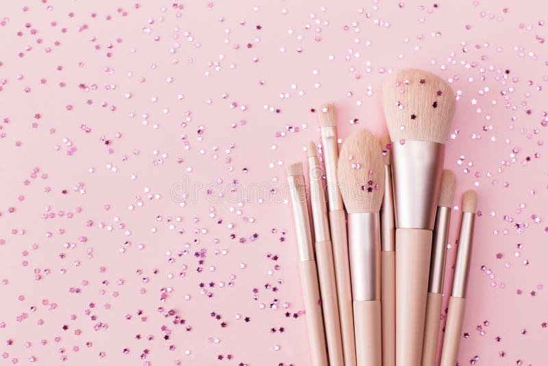 Makeup Brush and Shiny Sparkles Confetti on Pastel Pink Background. Festive  Makeup Accessories Holiday Concept Stock Photo - Image of brush, object:  209918990