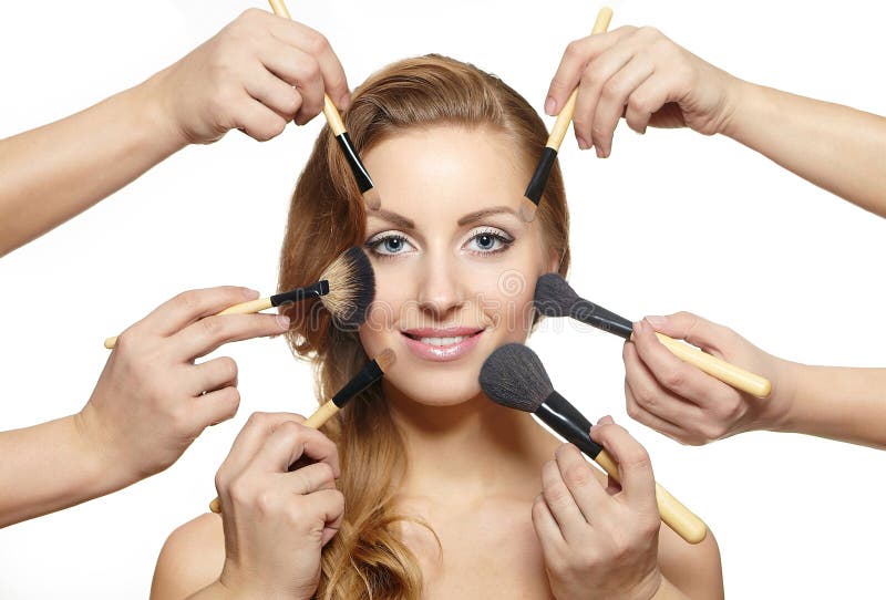 Makeup Brushes Near Attractive Face Many Hands Stock Photo Image of