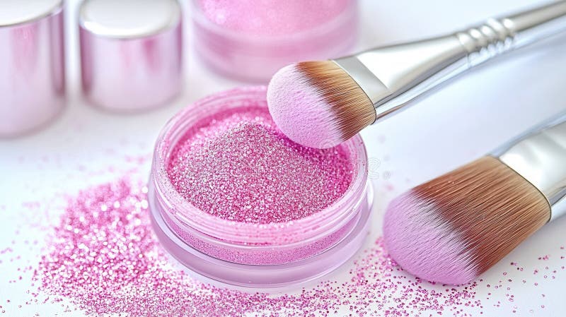 Makeup brushes swirling pink glitter eyeshadow, capturing radiant beauty with shimmering cosmetic texture stock photos