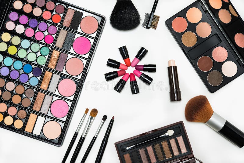Makeup Cosmetics and Brushes on White Background Stock Photo Image of