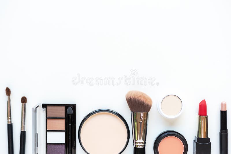 Makeup cosmetics tools background and beauty cosmetics, products and facial cosmetics package lipstick, eye shadow on the white ba stock photography Makeup cosmetics tools background and beauty cosmetics, products and facial cosmetics package lipstick, eye shadow on the white ba stock photography