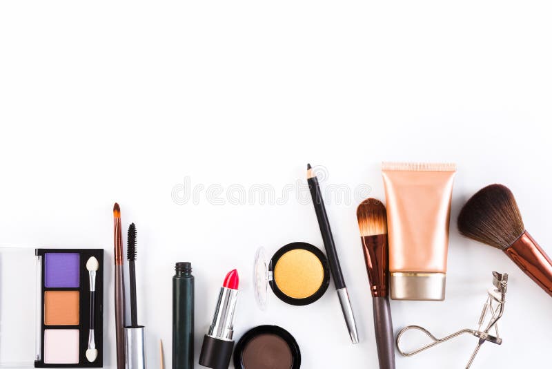 Makeup Cosmetics Tools and Essentials Background, Copy Space Stock