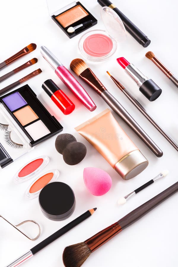 Makeup Cosmetics Tools And Essentials, Flat Lay On White Background