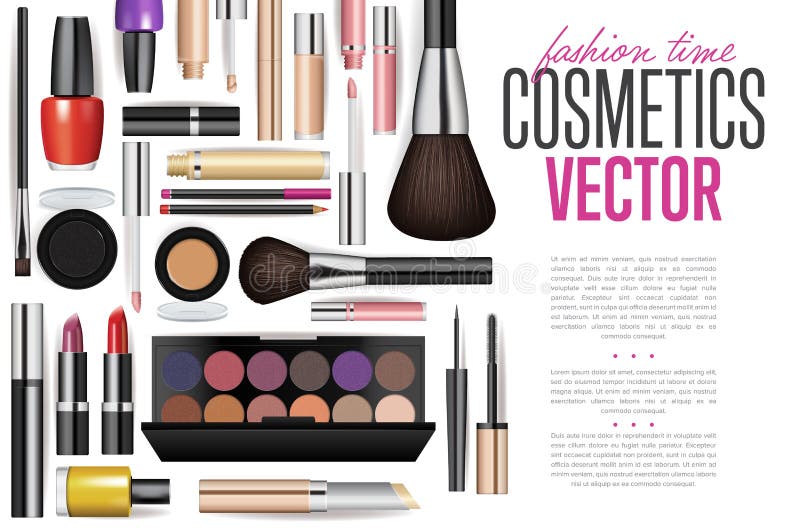 Makeup cosmetics tools. Fashion vector background. Beauty isolated cosmetic product packaging. Makeup brush stock illustration Makeup cosmetics tools. Fashion vector background. Beauty isolated cosmetic product packaging. Makeup brush stock illustration