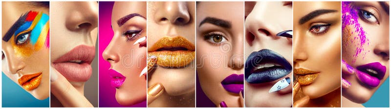 Makeup kolaż Kolorowe wargi, oczy, eyeshadows i gwóźdź sztuka obrazy stock