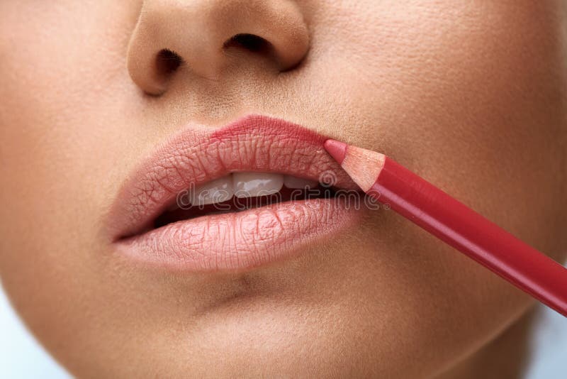 Makeup Lips. Beautiful Woman Lips With Lip Pen, Liner, Pencil