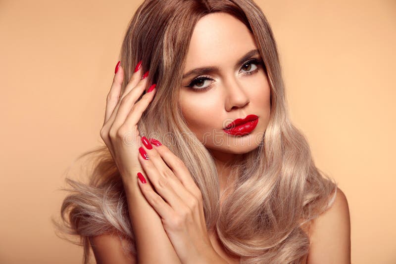 Makeup, Manicured Nails. Beauty Portrait of Blonde Woman with Red Lips, Long Healthy Shiny Blond Hair Style Stock Photo - Image of bright, nail: 178536414 Makeup, Manicured Nails. Beauty Portrait of Blonde Woman with Red Lips, Long Healthy Shiny Blond Hair Style Stock Photo - Image of bright, nail: 178536414