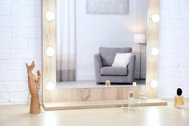 Makeup Mirror on Table Near White Wall in Room Stock Image Image of