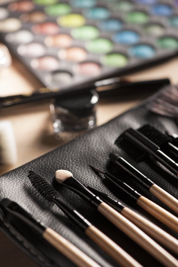 Makeup palette and brushes stock photo. Image of color 64233398
