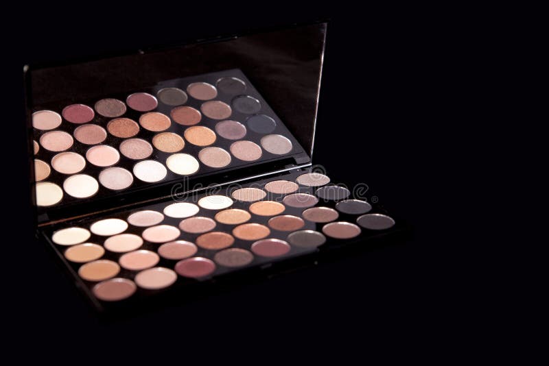 Makeup Palette and Brush on Pure Black Background. Stock Image Image