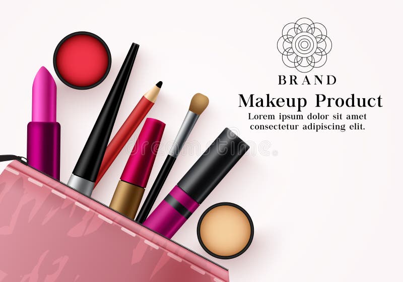 Makeup products vector template banner. Facial cosmetics collection in pink beauty kit for mock up advertising banner in elegant.