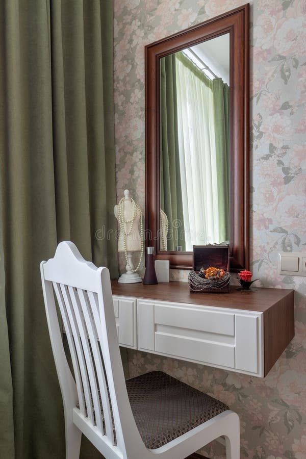Makeup Room Interior with Wooden Table and Large Mirror Stock Image