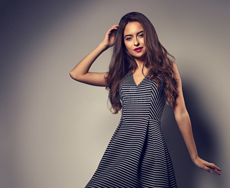 Makeup Woman with Long Curly Hairstyle Posing in Fashion Stripped White Black Dress Stock Image - Image of glance, excited: 137171829 Makeup Woman with Long Curly Hairstyle Posing in Fashion Stripped White Black Dress Stock Image - Image of glance, excited: 137171829