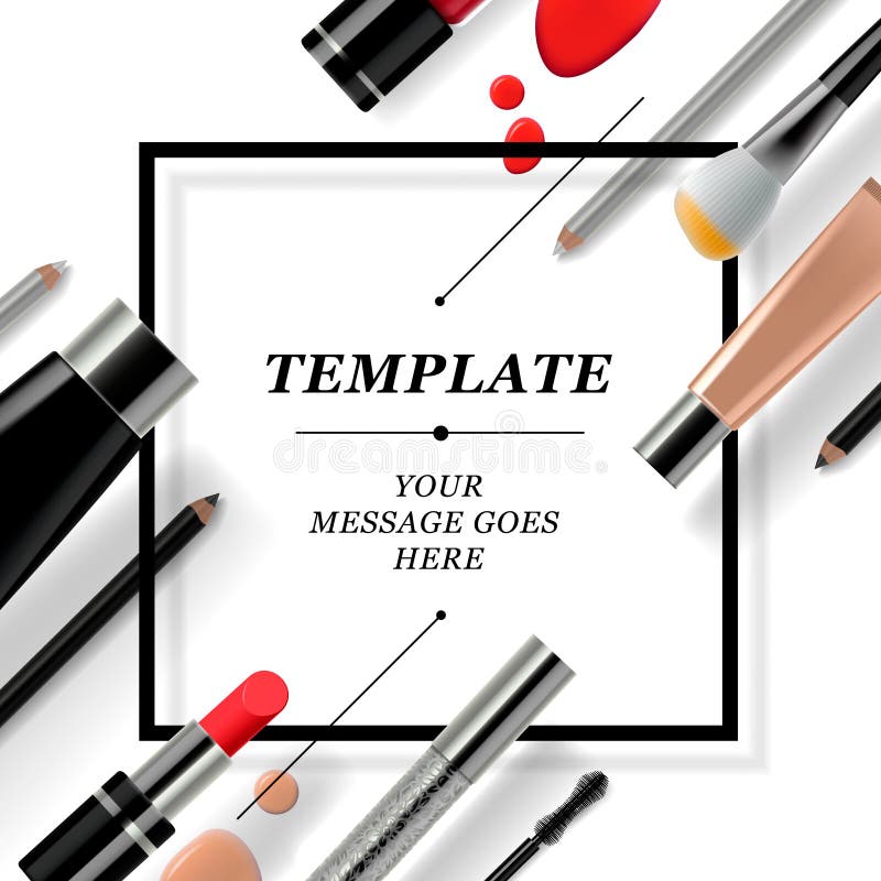 Makeup template with collection of make up cosmetics and accessories