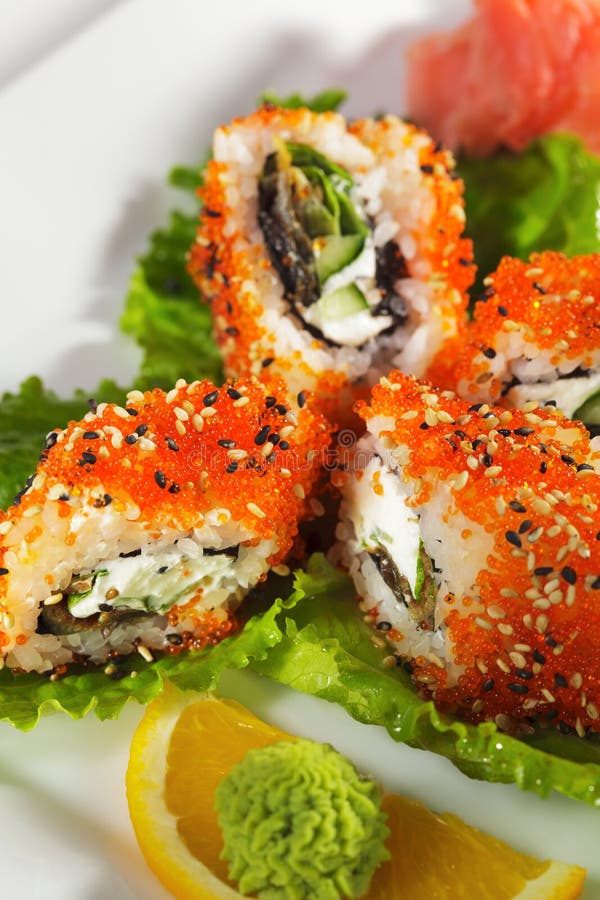 Maki Sushi - Eel and Tobiko Roll Stock Photo - Image of asia, cream ...