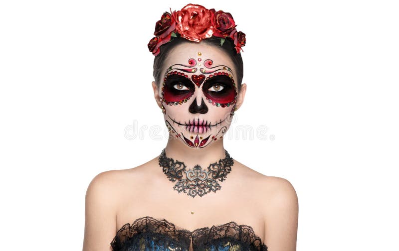 Sugar skull makeup. Halloween party make-up, traditional Mexican carnival, Santa Muerte. Beautiful young woman costume, painted face. Model girl isolated on white background. Calavera Catrina. Sugar skull makeup. Halloween party make-up, traditional Mexican carnival, Santa Muerte. Beautiful young woman costume, painted face. Model girl isolated on white background. Calavera Catrina