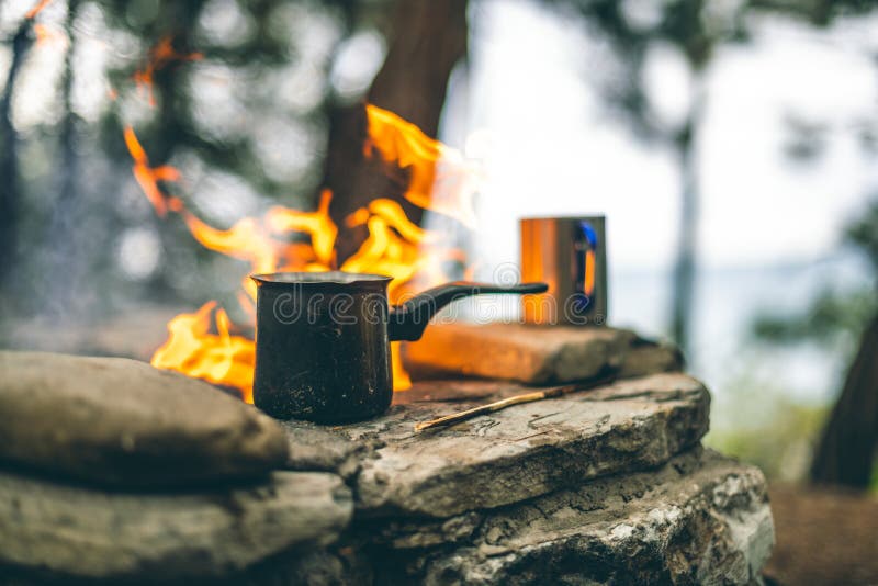 Making Coffee In The Fireplace When Camping Or Hiking. Coffee On Campfire Stock Photo Image of