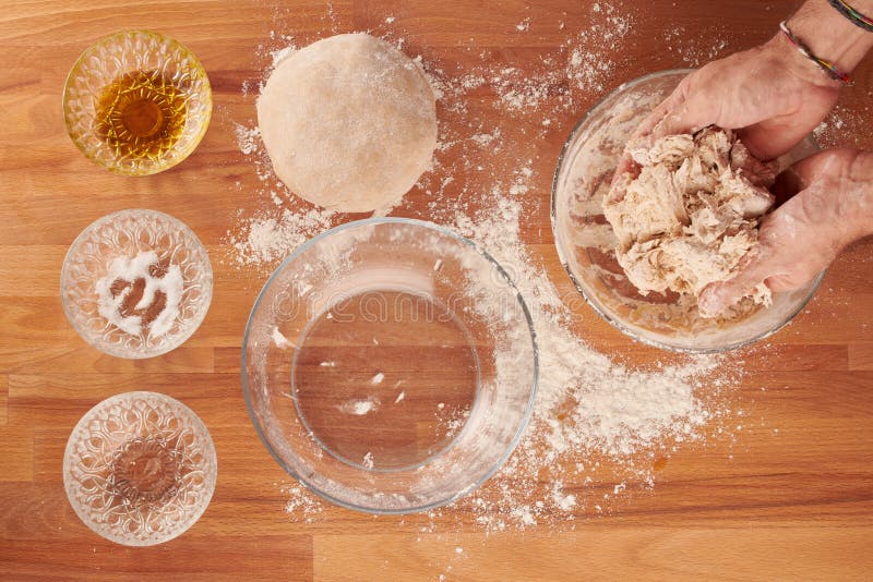 Making Italian Pizza Step by Step Mixing the Ingredients Stock Image