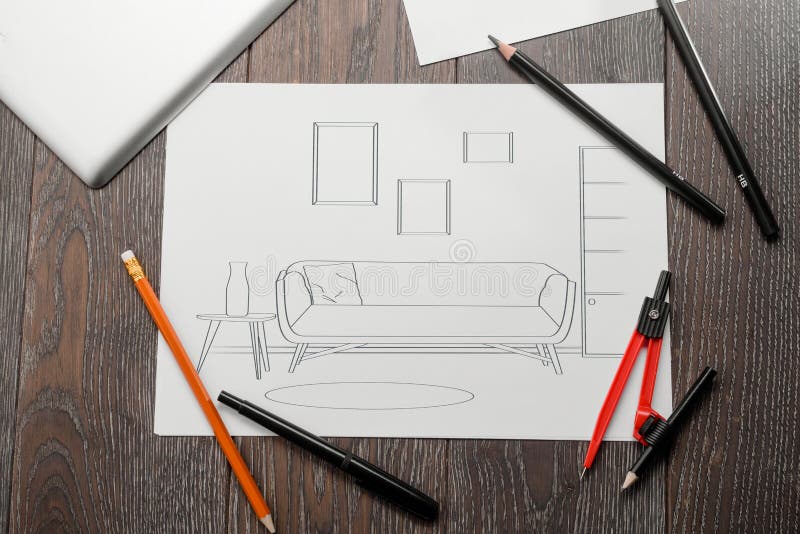 Making a Living Room Design on White Paper Sheet Stock Image - Image of