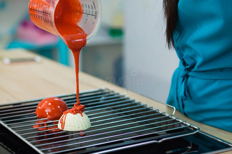 Making Mousse Pastry, Gelatin Dessert in Process Closeup Stock Photo