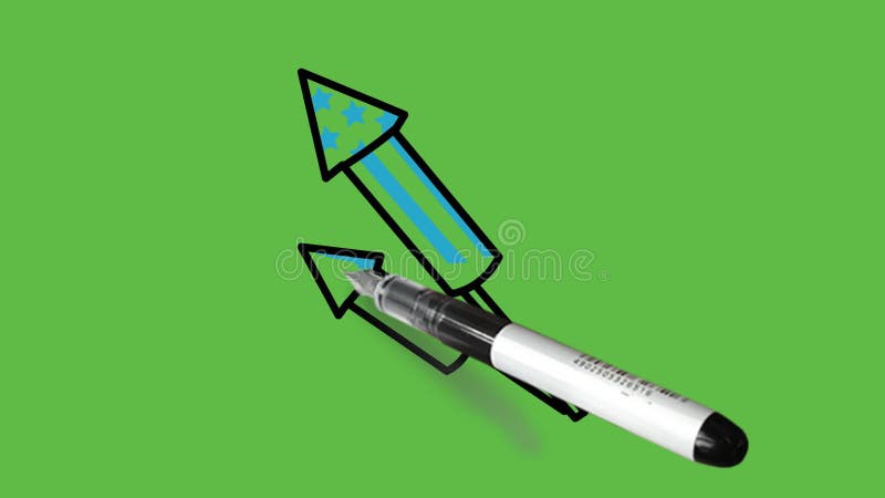 Making rocket firework in blue colour with black outline on abstract green background stock illustration