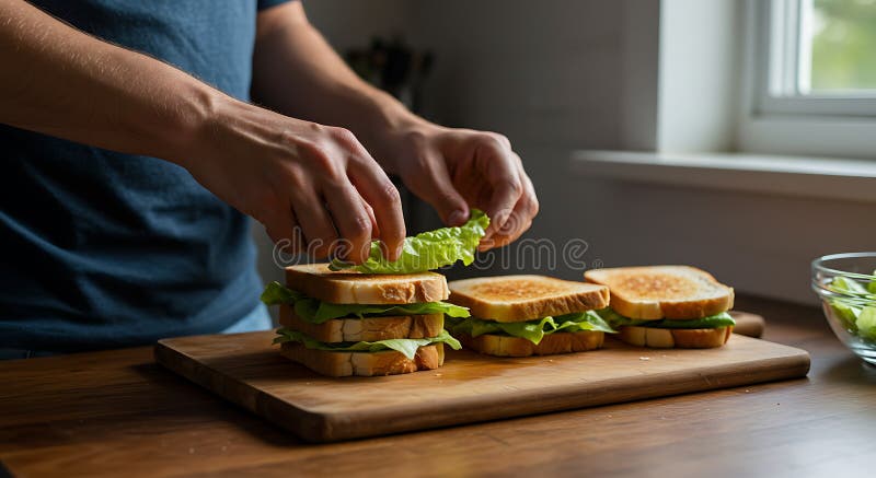 Making Sandwiches with Fresh Lettuce on Wooden Board vector illustration