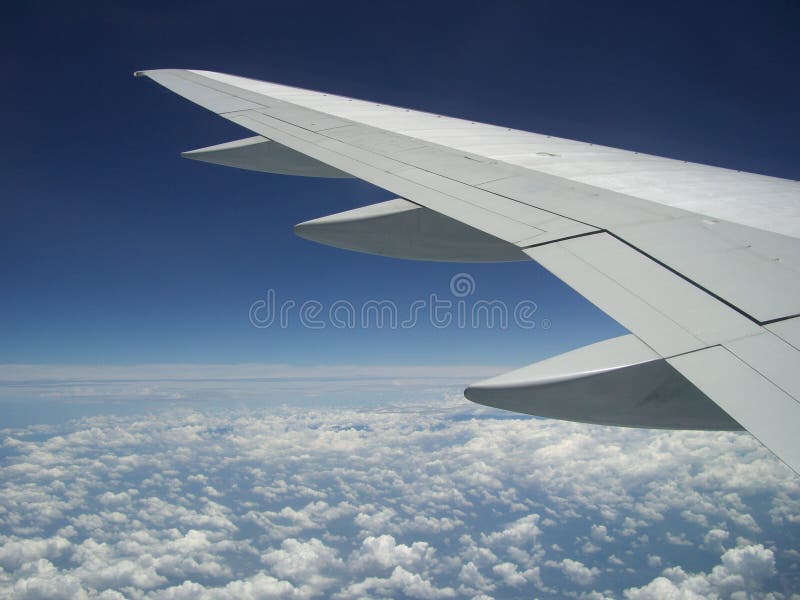 Photo of airplane wing during a turn above the clouds. Photo of airplane wing during a turn above the clouds.