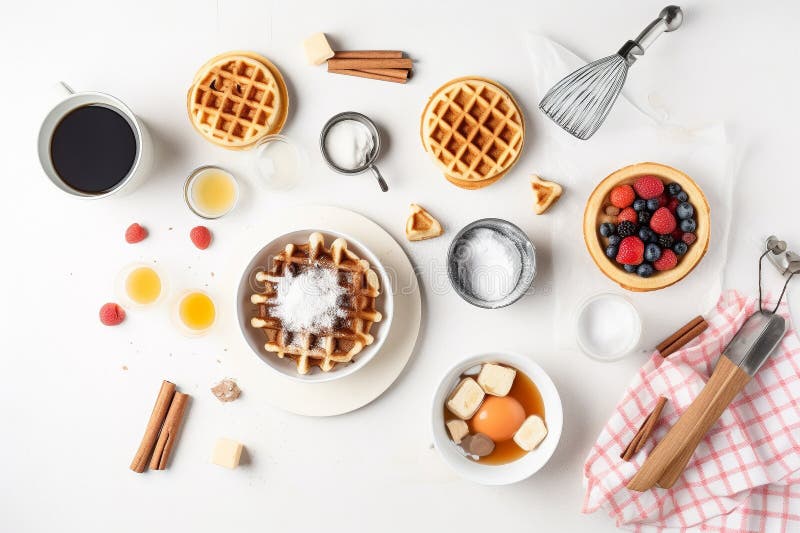Making Waffles. Top View of a Kitchen Table with Ingredients and Tools
