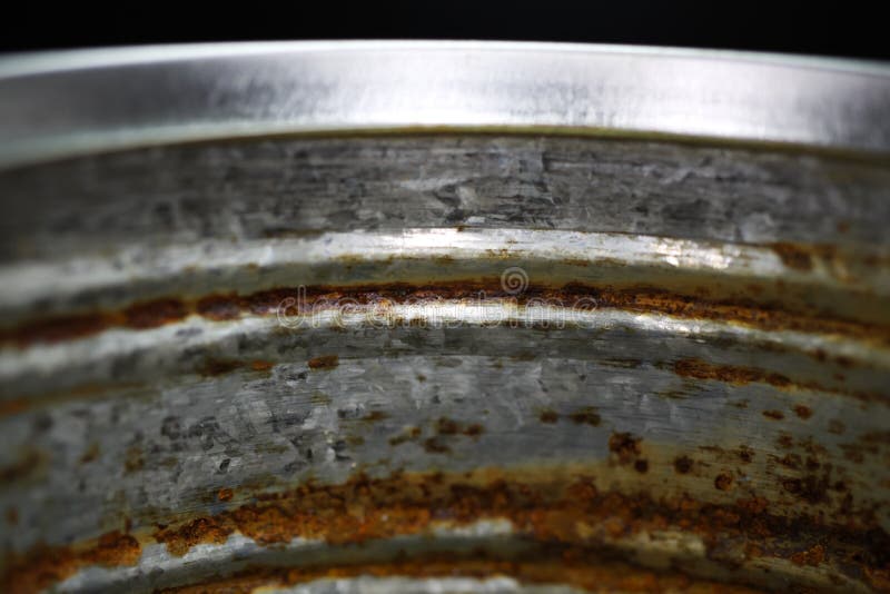 Makro closeup inside metal food can with rusty corroded surface stock photography