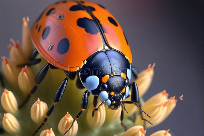 Makro in der Nähe eines Frauenkäfers oder Damenkäfers auf einer Blume lizenzfreie abbildung